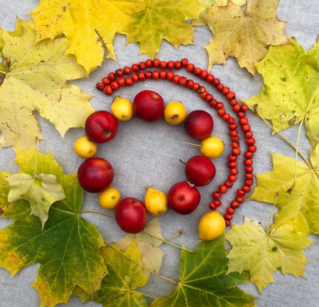 Nature-inspired autumn decorations: necklaces made from berries.